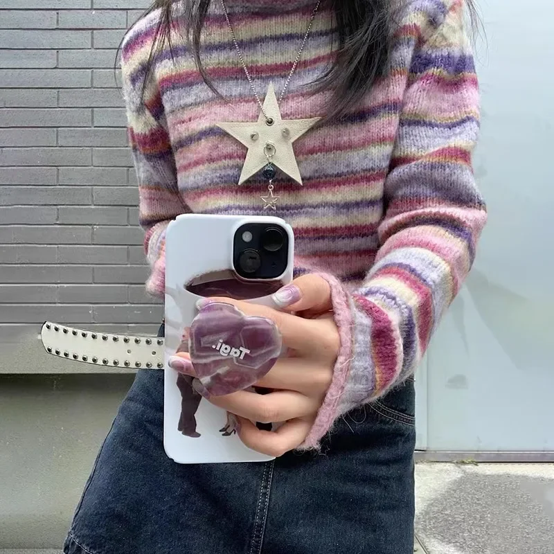 E-girl maglione dolcevita giapponese Y2k Pullover a righe arcobaleno Vintage maglione lavorato a maglia moda coreana maglieria Harajuku Grunge