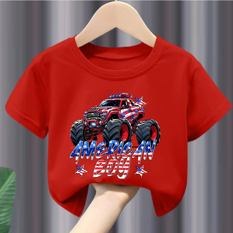 Boys Short Sleeve T-shirt Letter Independence Day Truck Print Summer New Casual Crew-neck Children's Wear Kids Clothes