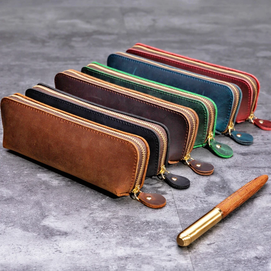 

Vintage Crazy Horse Leather Pencil Case - Handmade Minimalist Stationery Organizer for Office Business