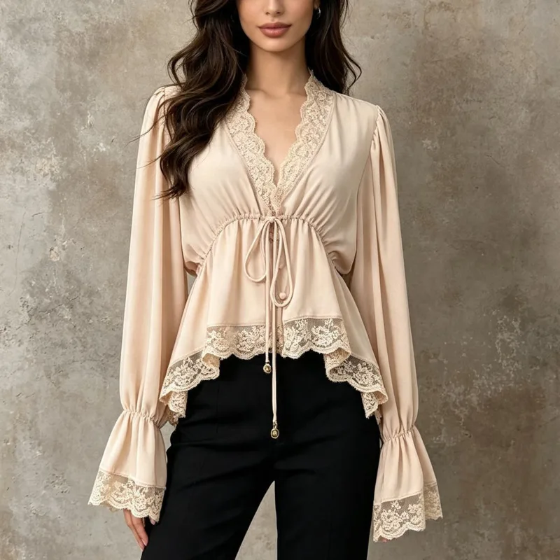 HKSH Women Shirt French Style Elegant Lace Patchwork V-Neck Waist Cinching Lace-Up Long Sleeve Solid Color Niche Ins Top HK26873