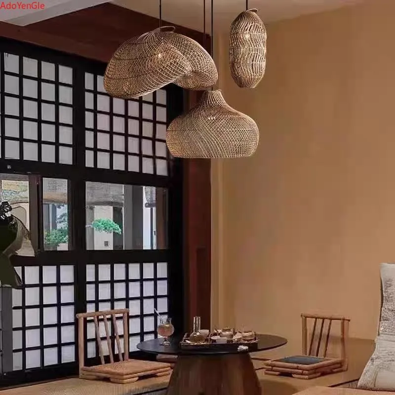 Wabi Silent Wind Rattan Chandelier Chinese Hotel Restaurant Tea Living Room Bedroom Lamp Designer