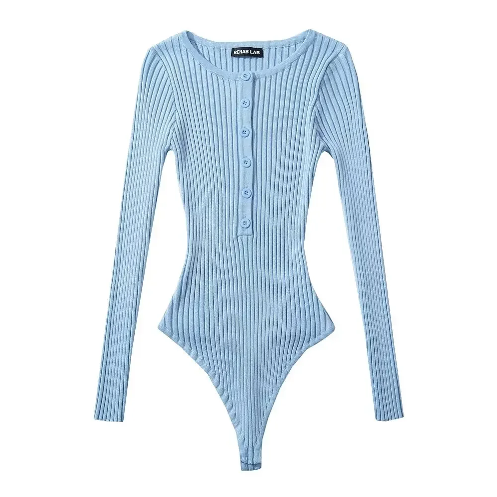 Body da donna in tinta unita a maniche lunghe lavorato a maglia a costine Top slim elasticizzati body mujer