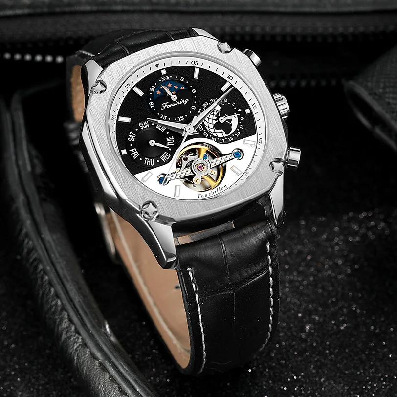 2024 New Square Waterproof Mechanical Watches Luxury Leather Watch For Men Tourbillon Multifunctional Automatic Date Wristwatch