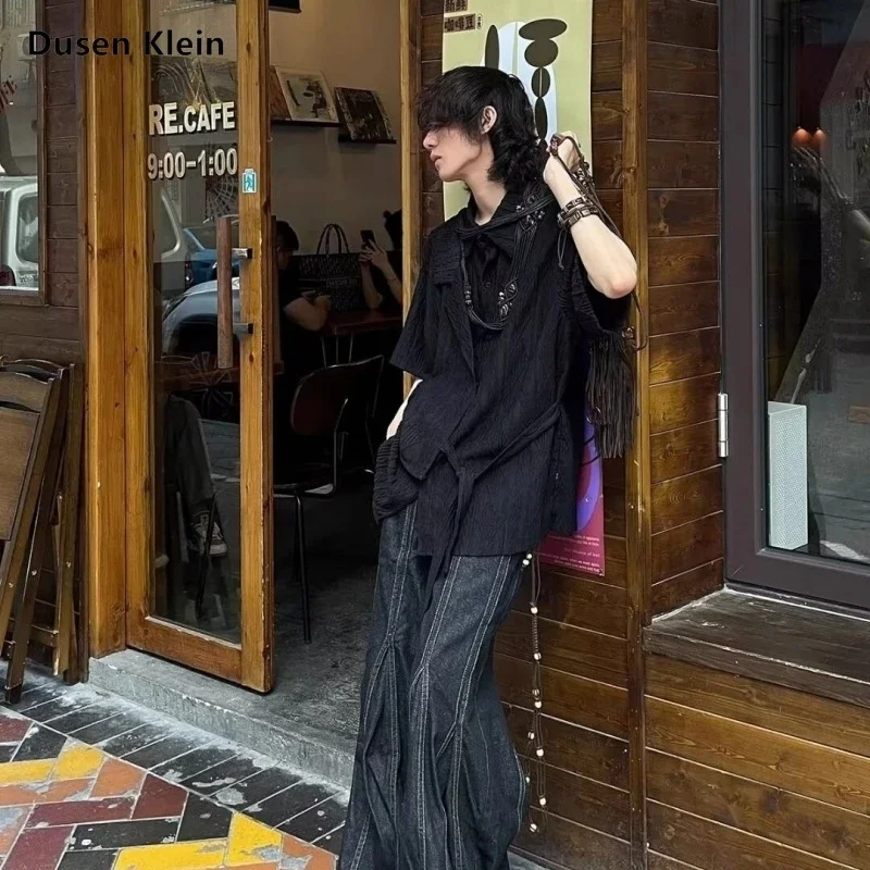 2025 Summer New Loose Retro Solid Color Niche Jacquard Hollow Texture New Chinese Splicing Strap Short Sleeved Shirt Commuting