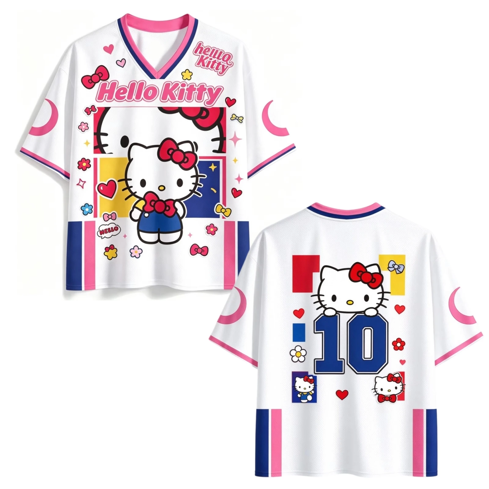 Hello Kitty V-Neck Mesh Jersey Cute Popular Women 3D Print Unisex T-shirt Casual Kawaii Cartoon Fan Y2K Oversized Streetwear Top