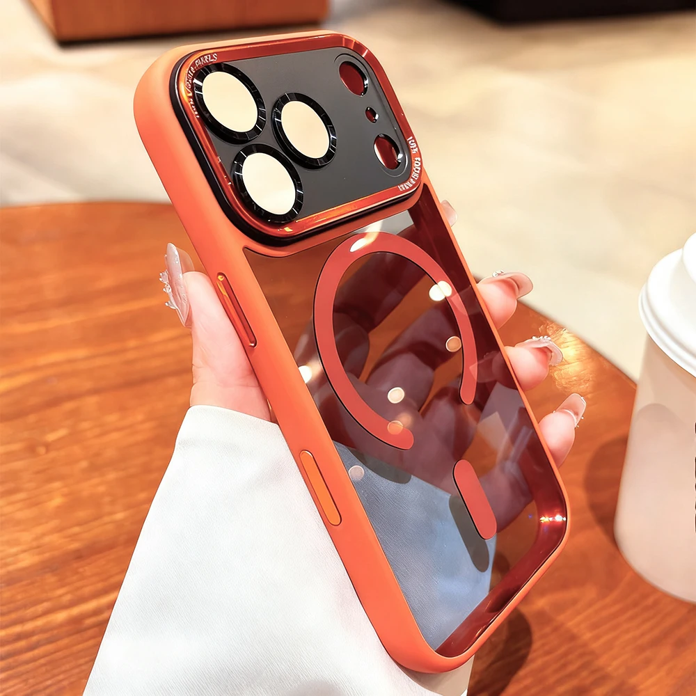 

Magnetic Orange Transparent Phone Case for IPhone 17/17 ProMax/17 Pro/17 Air Magnet Phone Cover with Plating Camera Protectors