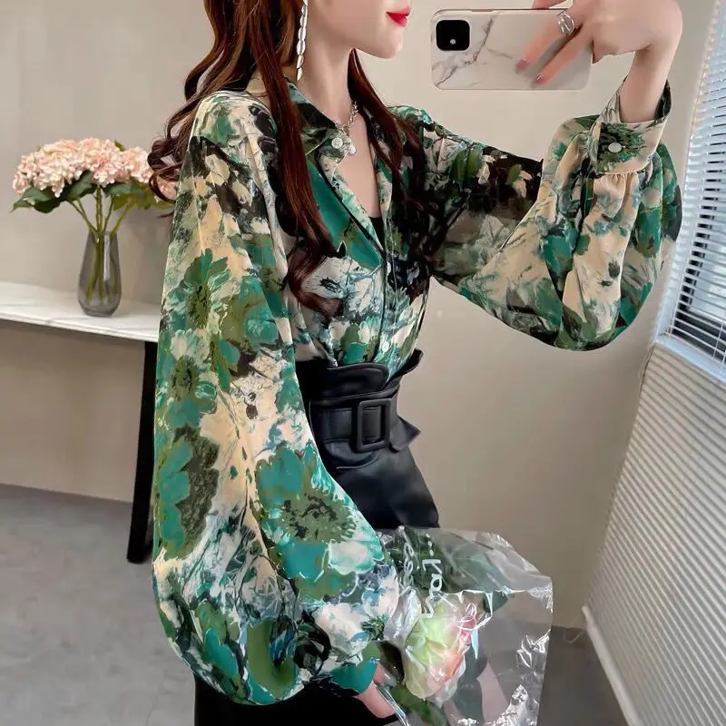 

2022Autumn Korean Printing Chiffon Puff Sleeve Turn-down Collar Shirts Women's Office Lady Buttons Blouse Fashion Loose Top Tee