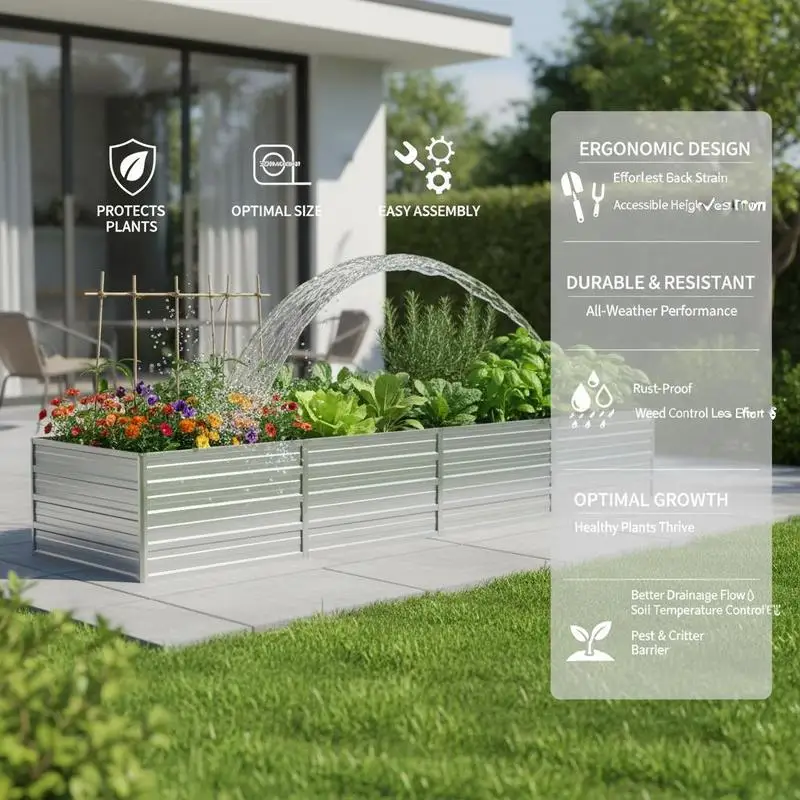 Jardinera Elevada de Acero de 320x80x45 cm Esta moderna maceta está hecha de acero, lo que la hace resistente y duradera. Es adecuado para plantar flores, verduras y cilantro en tu patio o balcón. plata