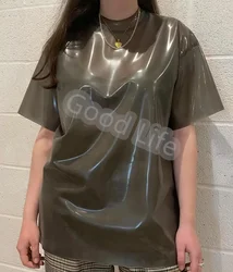 Handmade Latex Gummi Female Tops Slim Short Sleeves Latex Rubber Woman T-Shirts Latex Loosen Top