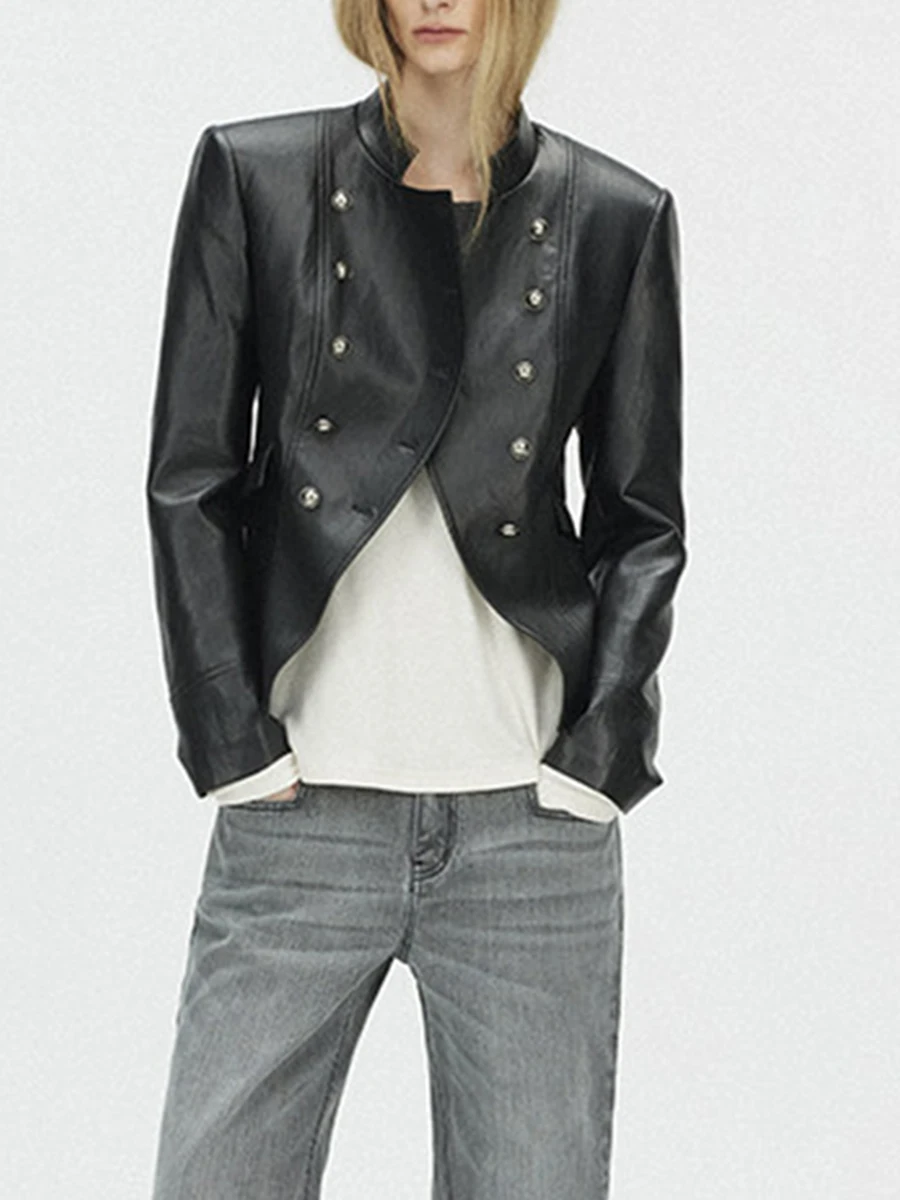 2026 Autumn Winter Women Faux Leather Jacket Stand Collar Double Breasted Curved Hem Cropped Black Coat