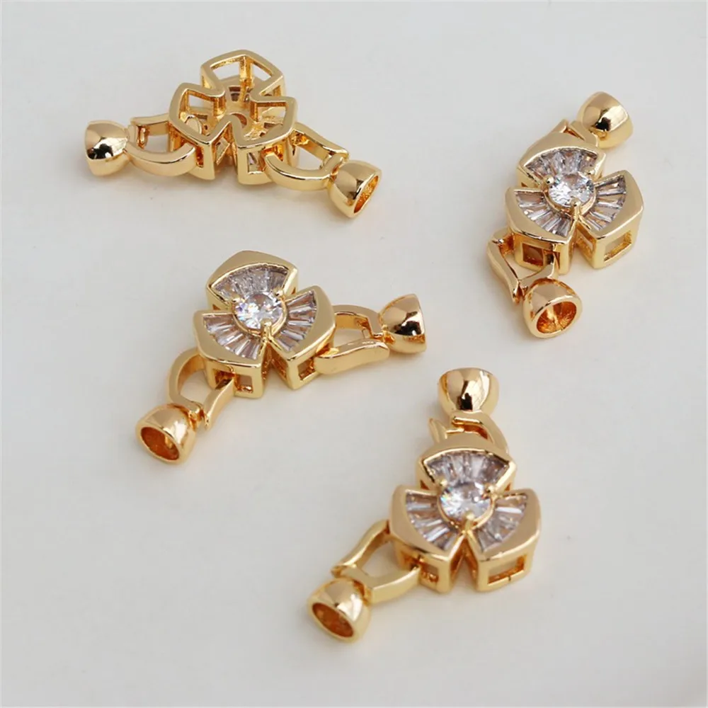 14K Inlaid Ladder Zircon Necklace and Bracelet, Double Button Head Link Button, Flower-shaped DIY Jewelry Accessories, 14mm