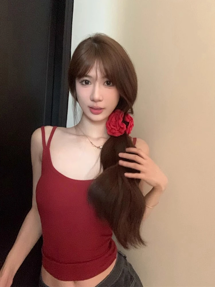 Sexy Red  Strap Vest Women's Underwear Base Shirt Beautiful Back Bra Integrated Chest Pad Short Style Commute Wind