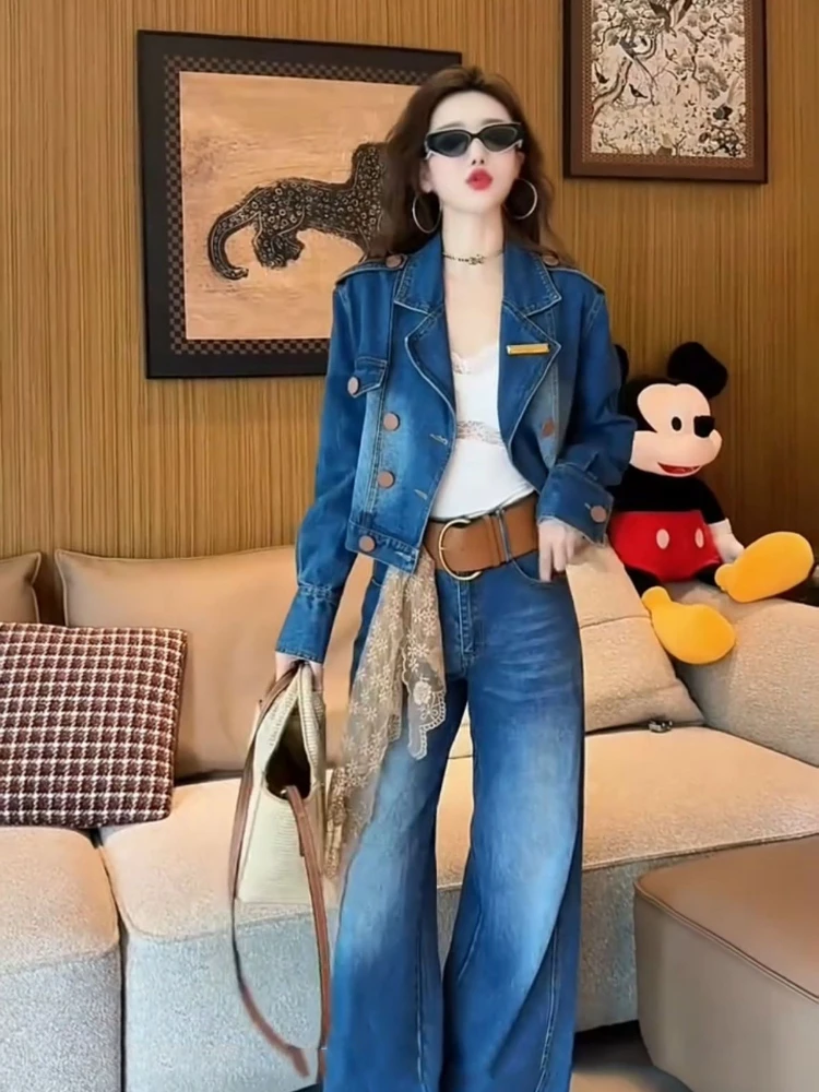 Costume en denim décontracté pour femmes, nouveau style, veste slim et courte à double boutonnage + pantalon à jambes larges, ensemble deux pièces, printemps