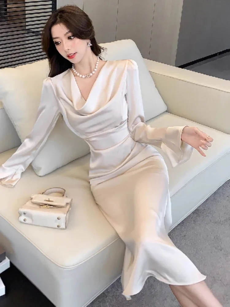 Ezgaga Dresses Women Temperament Swinging Collar Satin Irregular Slim Elegant Party Mermaid Dress Flare Long Sleeve Sexy