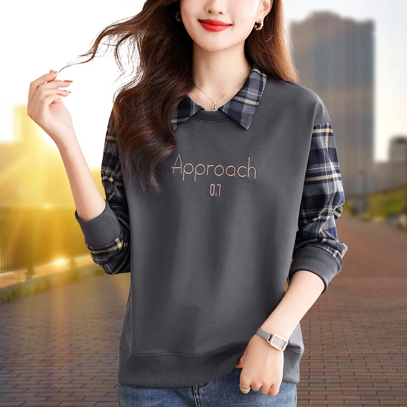 Women\'s Clothing Hoodies Turn-down Collar Pullover Letter Embroidered Checkered Lantern Long Sleeve Casual Office Lady Tops