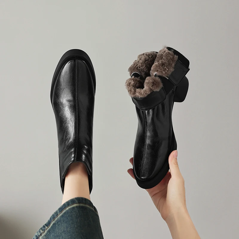 2026 new winter women ankle boots natural leather plus size 22-26cm cowhide+wool round toe thick heel back zip chelsea boots