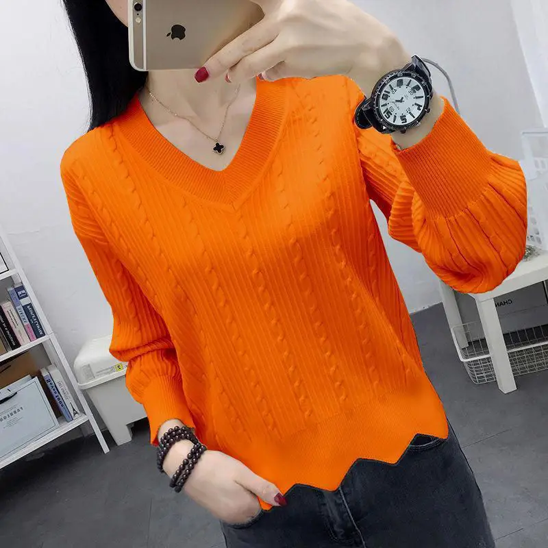 Fashion Loose V-Neck Solid Color Folds Ruffles Sweaters Women\'s Clothing 2023 Autumn Winter Loose Commuter Pullovers Casual Tops