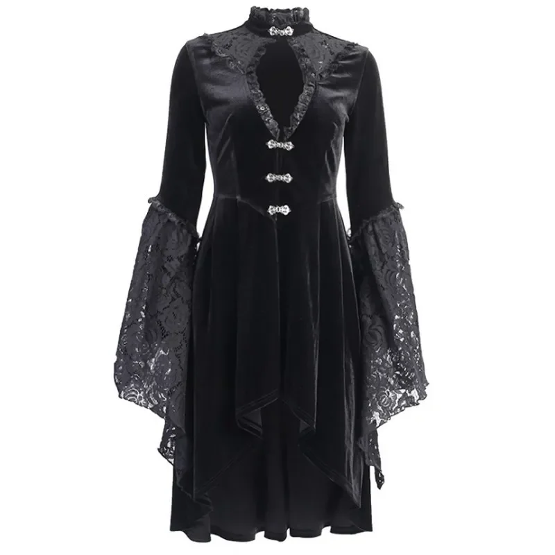 Gothic Punk Lace Dress Swallow Tail Long Sleeves Sexy Women High Collar Hollow Low Out Dress High Low Hem Vintage Dress