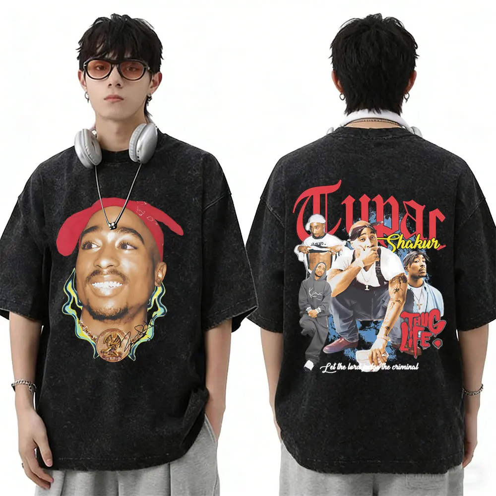 Rapper Tupac 2pac Vintage Washed T-shirts Men Women Hip Hop Fashion Retro T Shirts Male High Quality Cotton T-shirts Streetwear