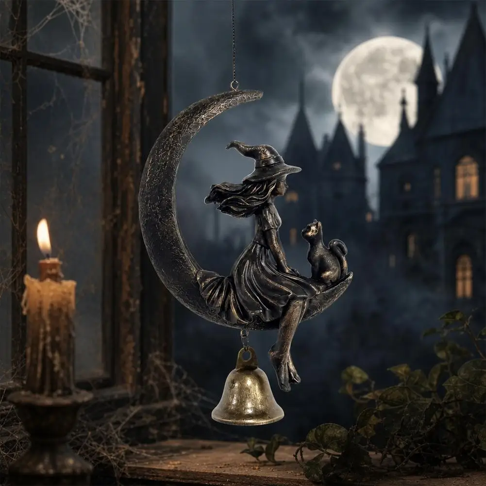 Halloween Ornament Retro Gothic Witch On Moon Hanging Bell Ornament With Cat Figurine Halloween Home Wall Window Hanging Decor