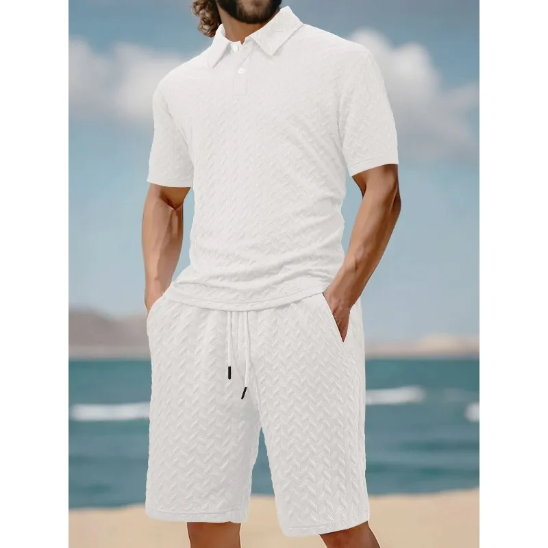 

Men's Summer New Casual Loose Turn-Down Collar Jacquard Fabric Men's Short Sleeve Polo Shirt Set