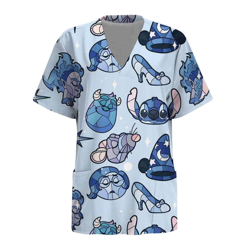 Disney Stitch stampa Estate Abbigliamento da infermiera da donna Uniforme da lavoro Tasca con scollo a V Scrub infermieristico Top Negozio di animali Salone di bellezza Lavoro dentale
