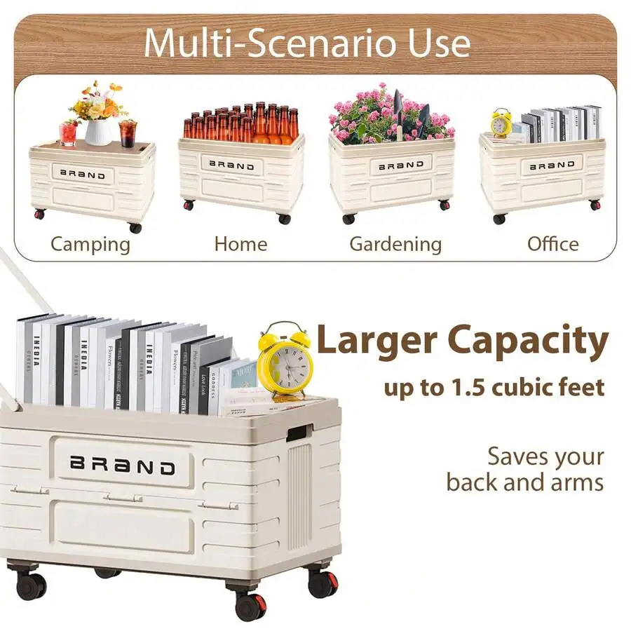 Folding Utility Cart Portable Rolling Crate Handcart Shopping Trolley Collapsible Tool Box With Wooden Lid, Basket On 4 Rotate W