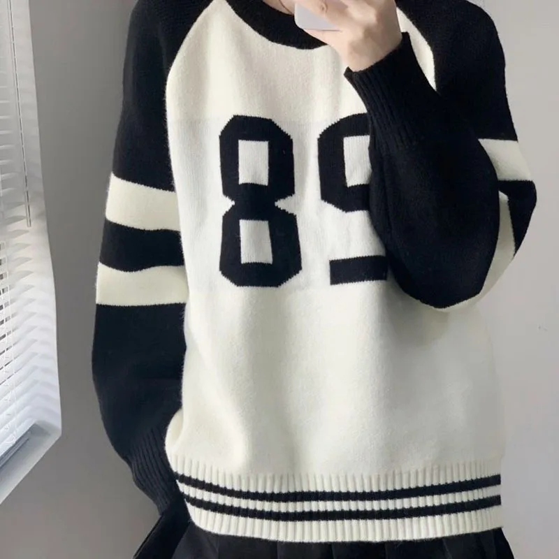 Boring Honey Korean Style Black And White Round Collar Loose And Comfortable Sweater Pullover Be All-Match Letter Knitwears Tops