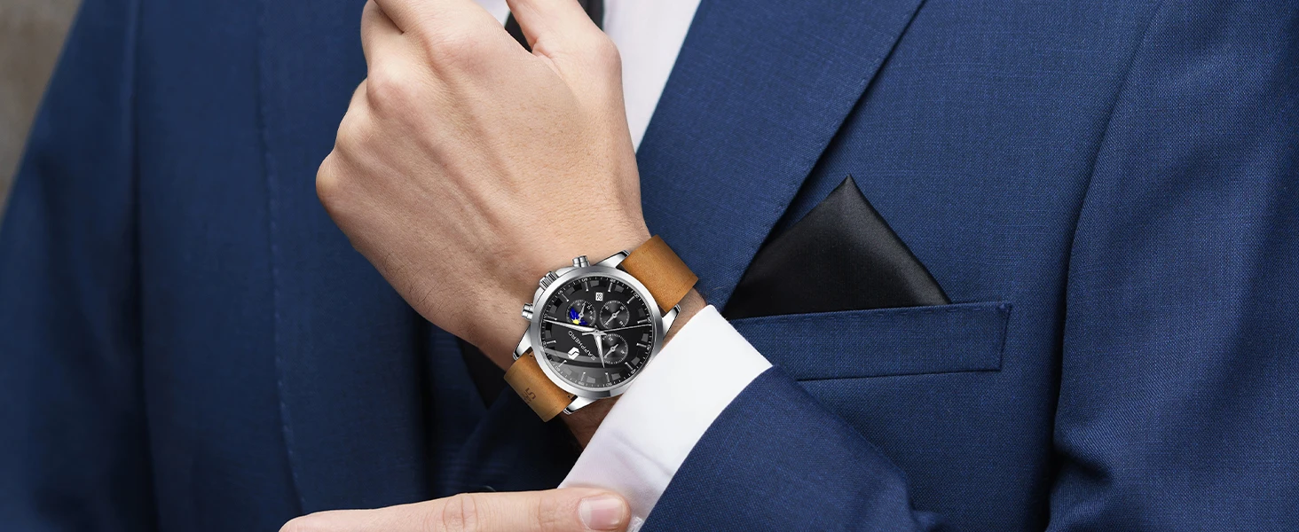SAPPHERO Herren Chronograph Quarzuhr, 5ATM Wasserdicht, Hardlex Kristall, Lederarmband, Modische Sportuhr, Perfektes Geschenk für Männer – Detail 14