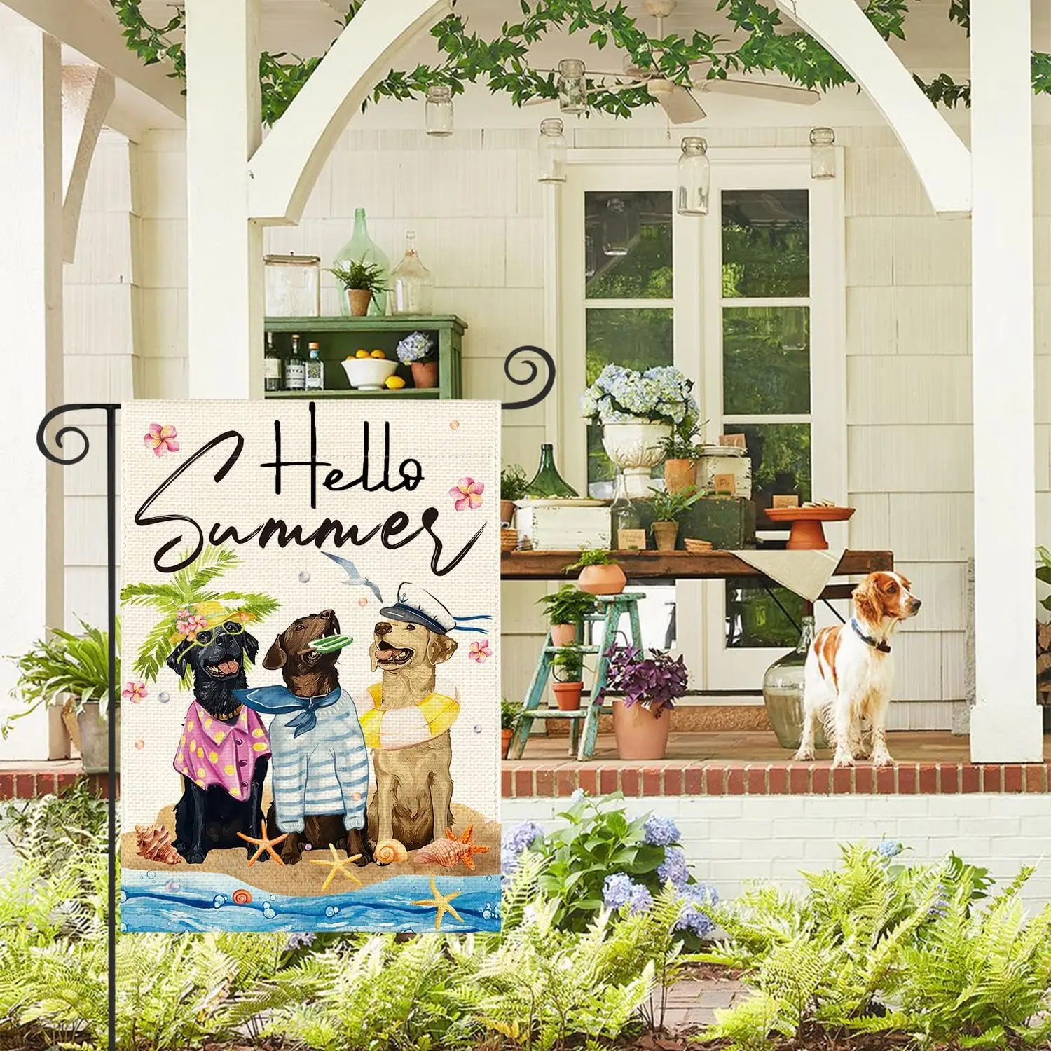 AVOIN colorlife Hello Summer Sea Beach Dogs Garden Flag 12x18 Inch Double Sided Outside, Floral Starfish Seasonal Holiday Ya yyi