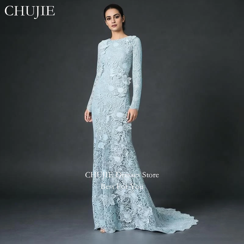 

Customized Full Lace Evening Dress robes de soirée Long Sleeve Vestido de fiesta Floor Length Arabia Wedding Dress فستان المساء