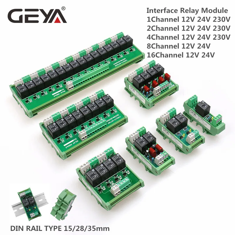 GEYA 4/8/16 Channel Relay Module 1 SPDT DIN Rail Mount 12V 24V DC/AC Interface Relay Module for PLC 230VAC 5VDC