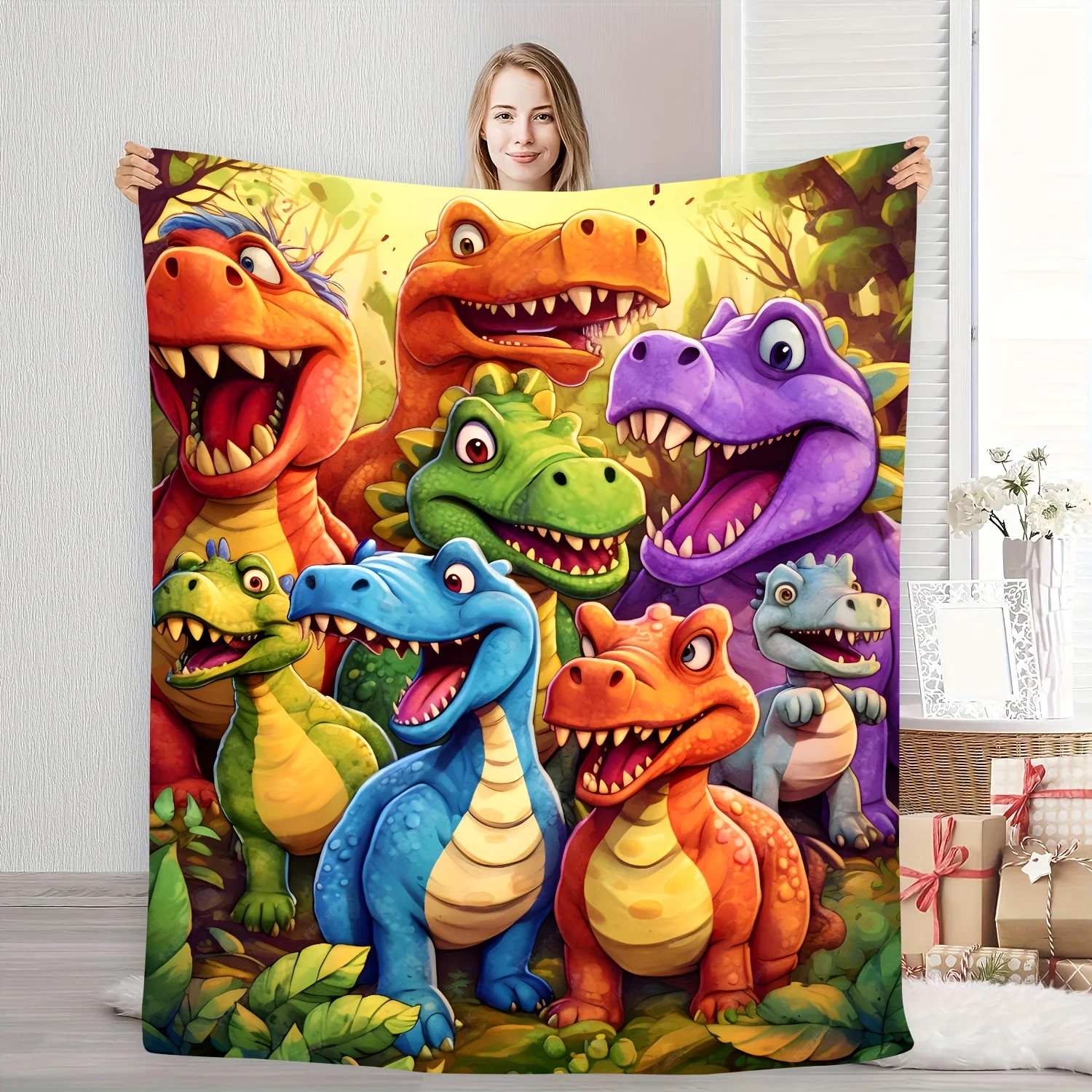 Cute cartoon-like little dinosaur Flannel printed blanket suitable for all seasons suitable for living room office sofa travel