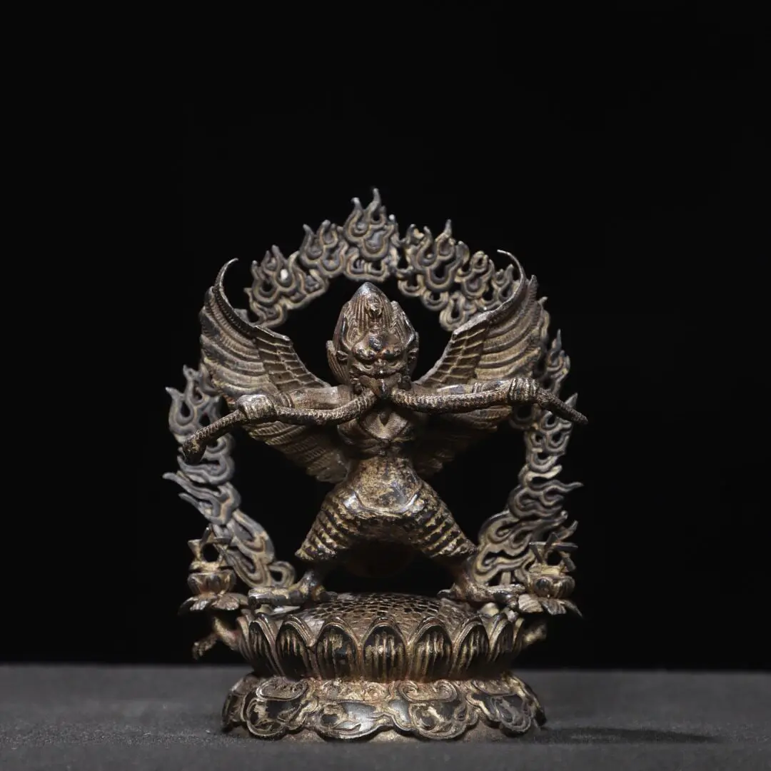 Antique Gold Inlaid Bronze Garuda Buddha Statue, Fine Craftsmanship & Thick Natural Patina