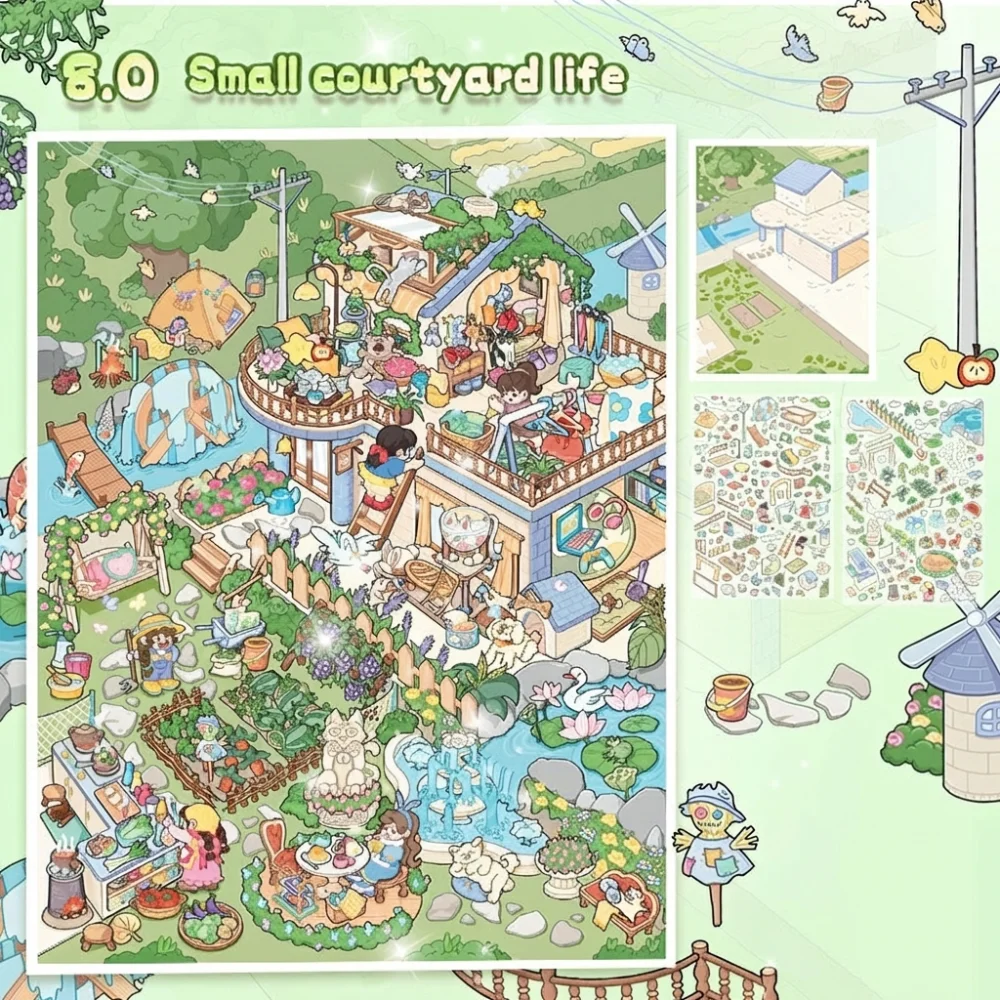 

New Small Courtyard Life Series Miniature Landscape Sticker PET DIY 3D Landscape Sticker Large Size Gift Miniature Scene Collage