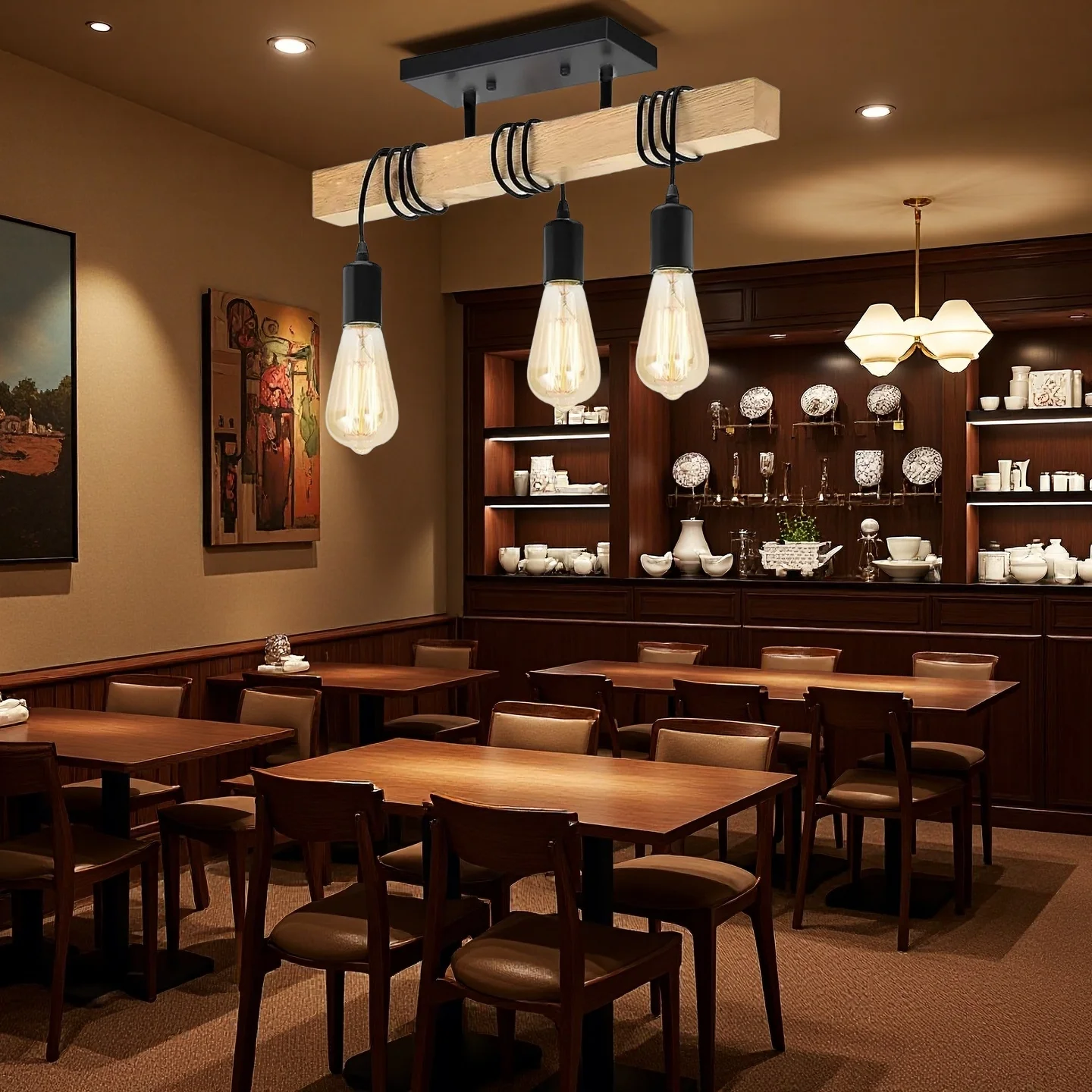 

Vintage Wood 3-Lights Chandeliers Light Nordic Loft Dining Room Living Room Kitchen Retro E27 Ceiling Lamps Black Restaurant Bar
