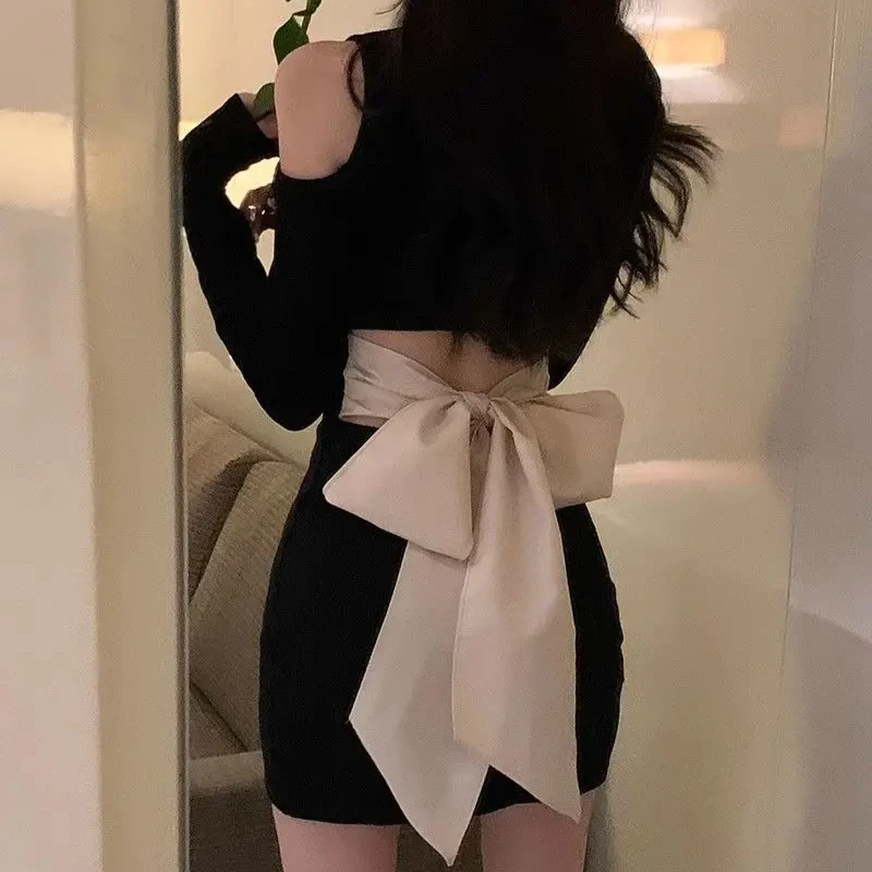 Black Sensual Sexy Dresses for Women Retro Elastic On Sale Clearance Elegant Party Pretty Promotion Woman Long Sleeve Dress Bow