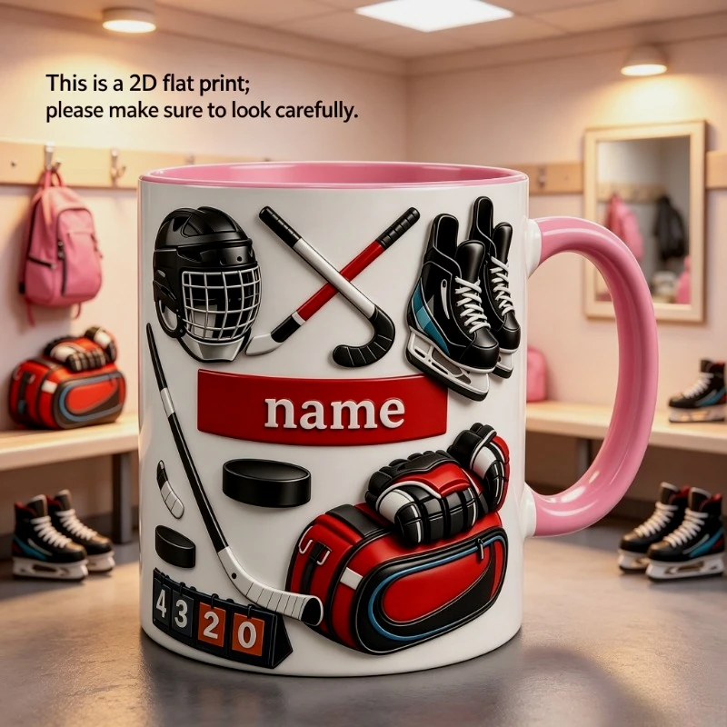 Custom Ice Hockey Theme Coffee Mug 11oz 2D Printing Personalized Name Text Helmet Skate Stick Print Microwave Safe Gift for Play