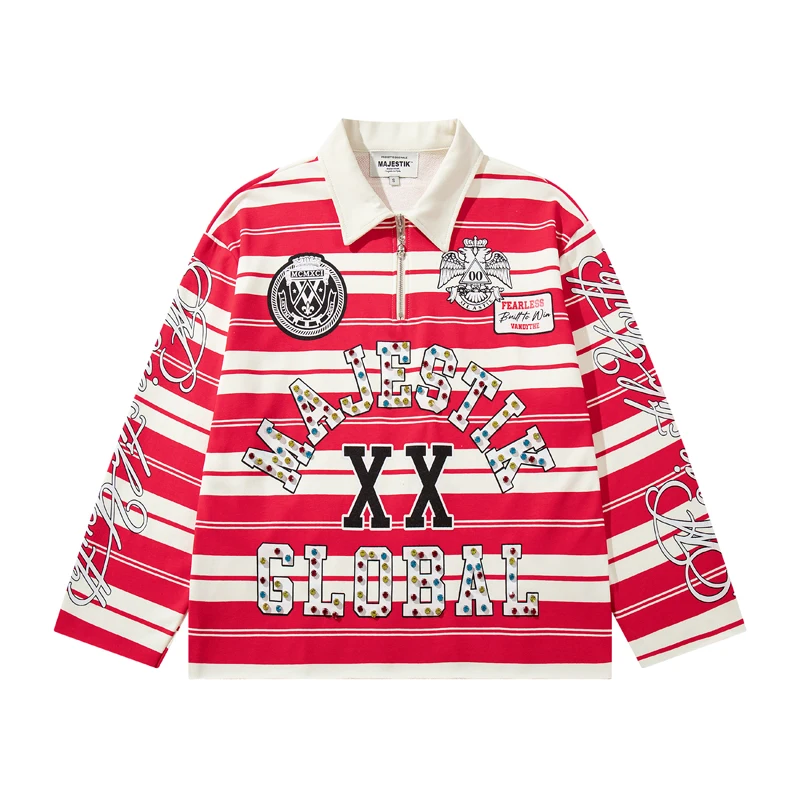 Vintage College Red Cream Horizontal Striped Half Zip T-Shirts Man Rhinestone Letter Drop Shoulder Majestik Long Sleeve Tops