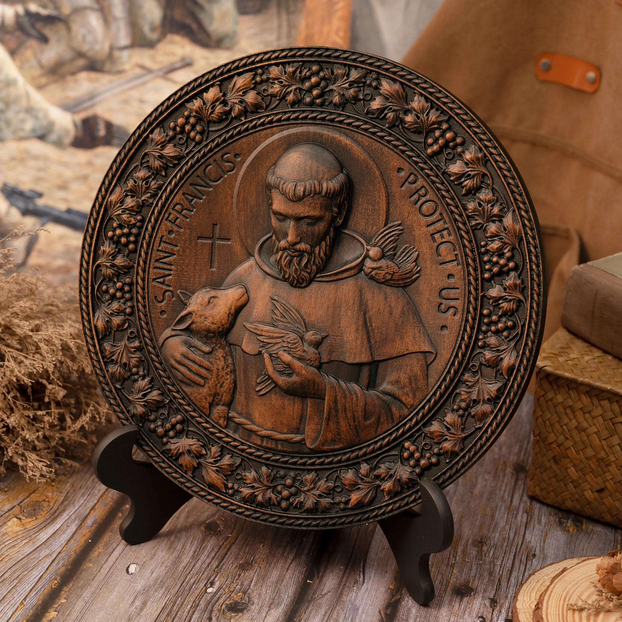 Saint Francis Protect Us Round Relief Plaque, Religious Saint Woodcarving Disc, Catholic Home Table & Wall Decoration, Christian
