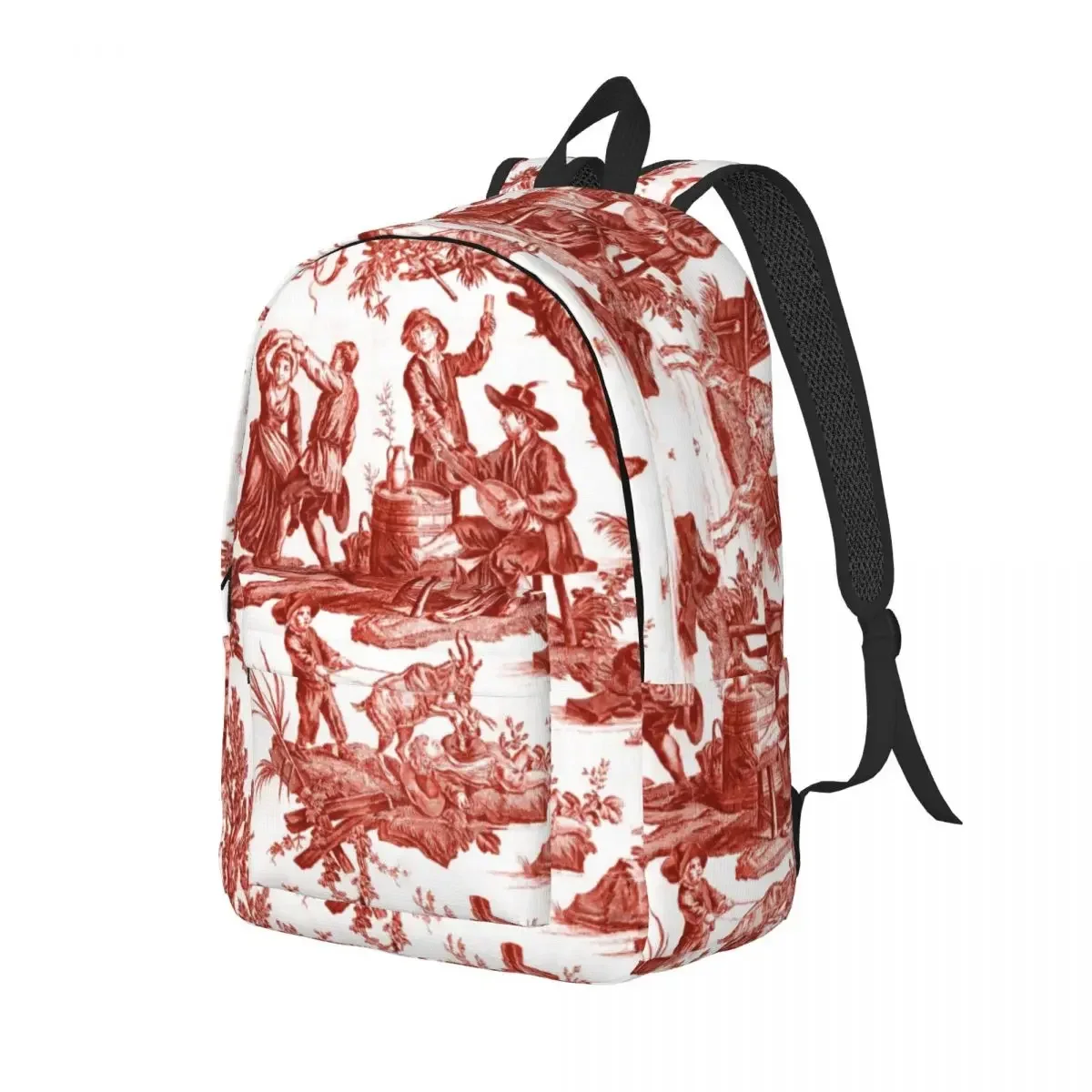 Red And White Toile De Jouy Travel Canvas Backpack Men Women School Laptop Bookbag French Motifs Floral College Daypack Bags