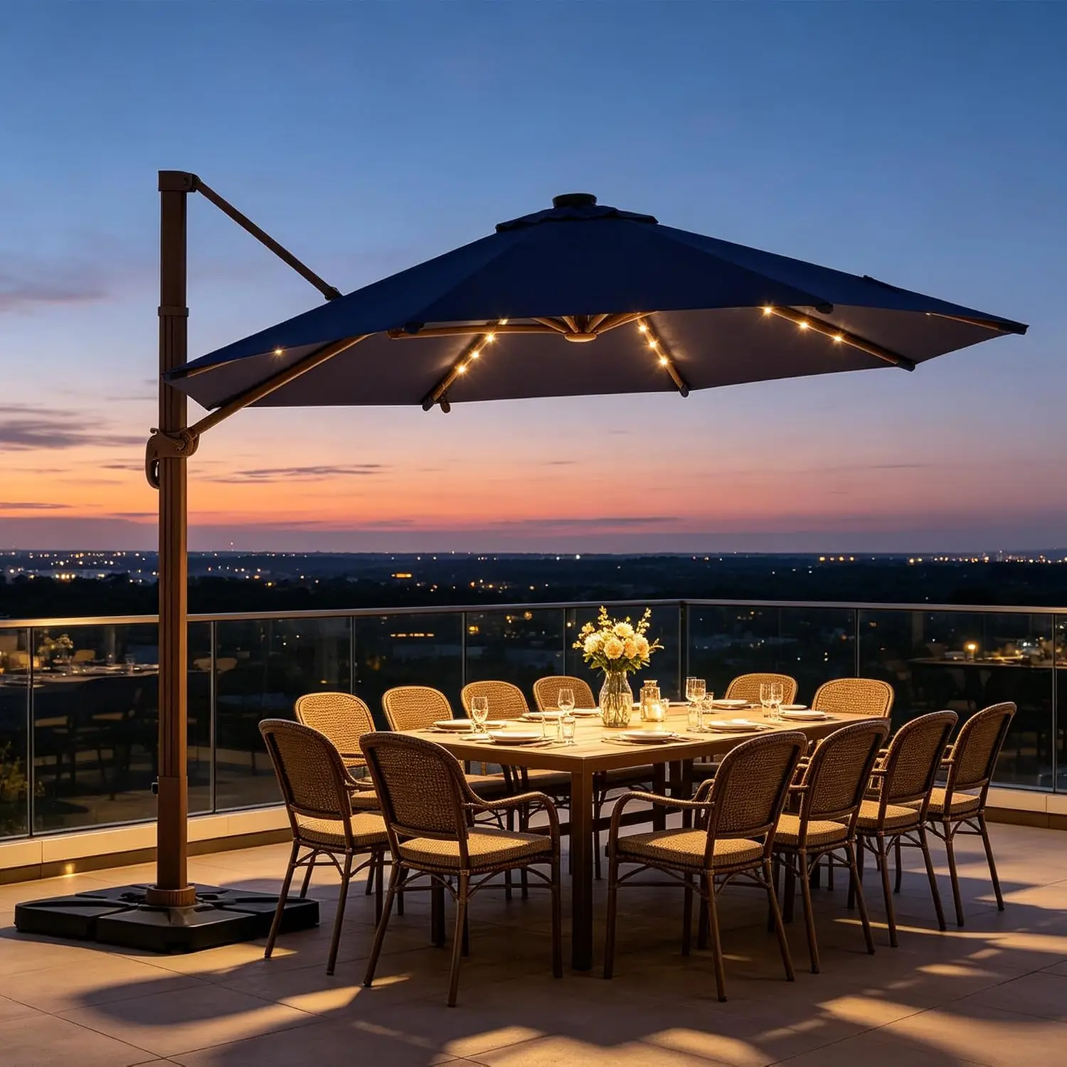 Cantilever Umbrella with Lights Navy 9ft Round 360° Rotation Tilt UPF50+ Solar LED Base Outdoor Patio Garden Pool, Customized