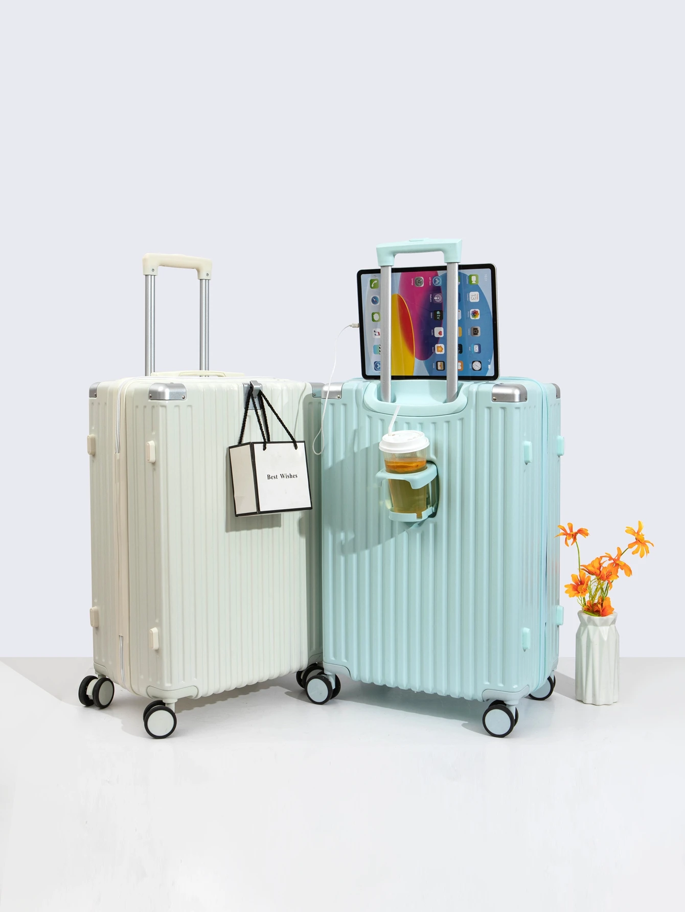 Luggage compartment with 20/24/26  USB charging compartment and cup holder with hooks in front handheld password lever luggage