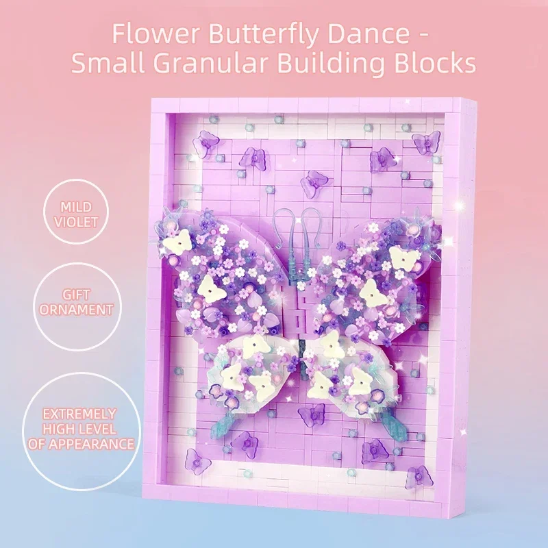 Diy sonhador fluindo borboleta blocos de construção flor com moldura foto crianças brinquedos colorido tijolo montagem modelo menina presentes aniversário