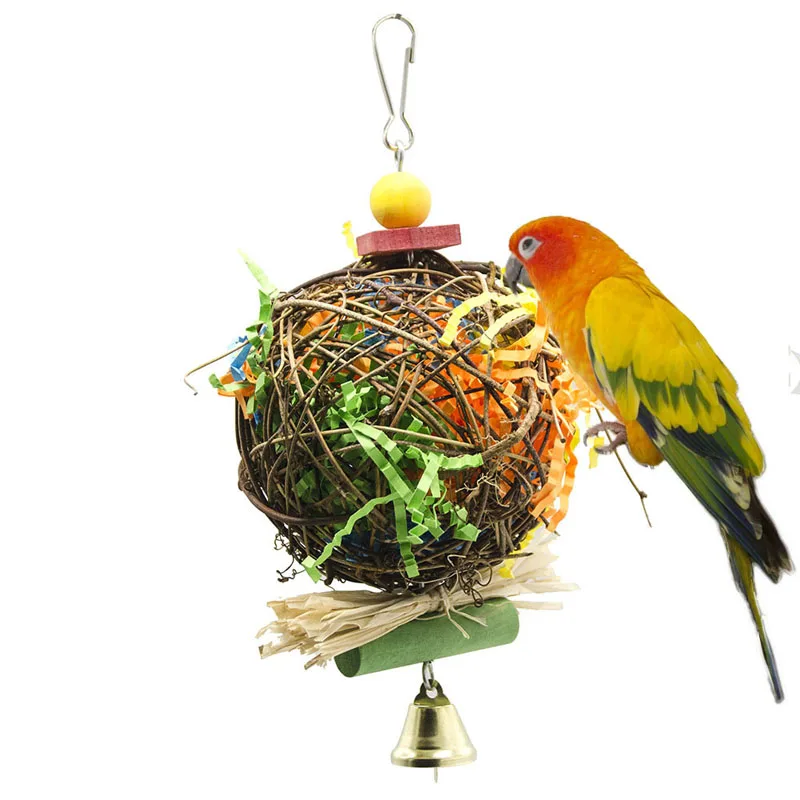 Parrot Bird Toy Natural Rattan Weaving Paper Brushed Chewing Toys For Small Parrot Bird Cage Hanging Ball Swing Toy Bird Supplie