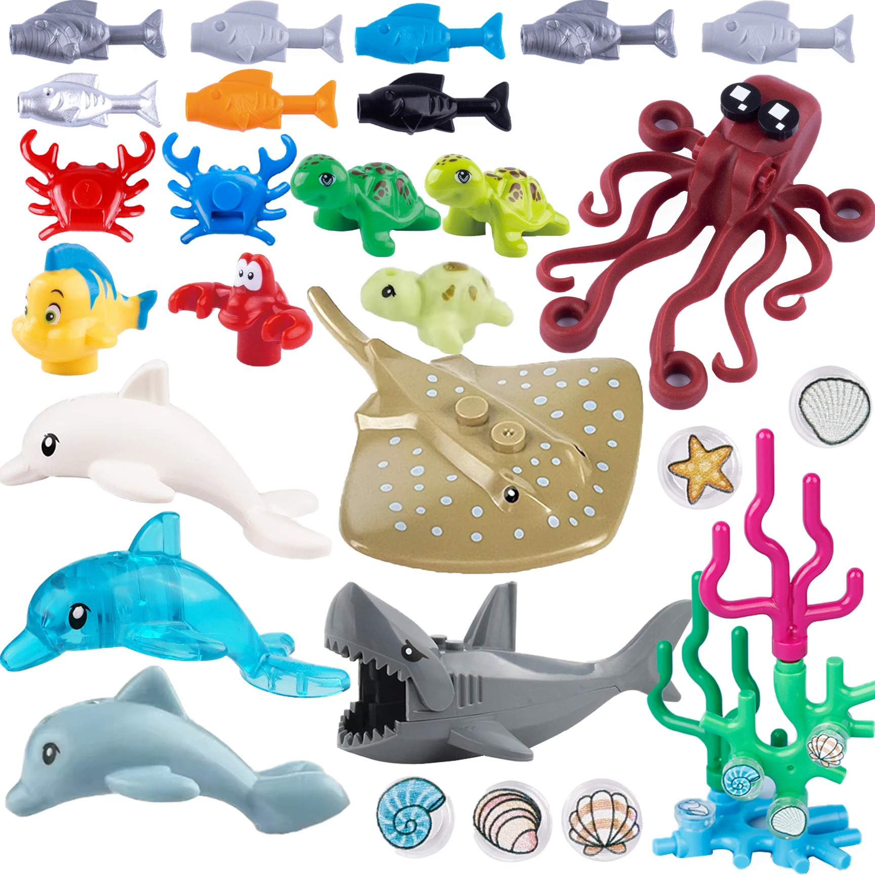 MOC Marine Animal Building Blocks Kit Fish Crab Lobster Octopus Shark Shell Coral Turtle Bricks Toys Kids Gift