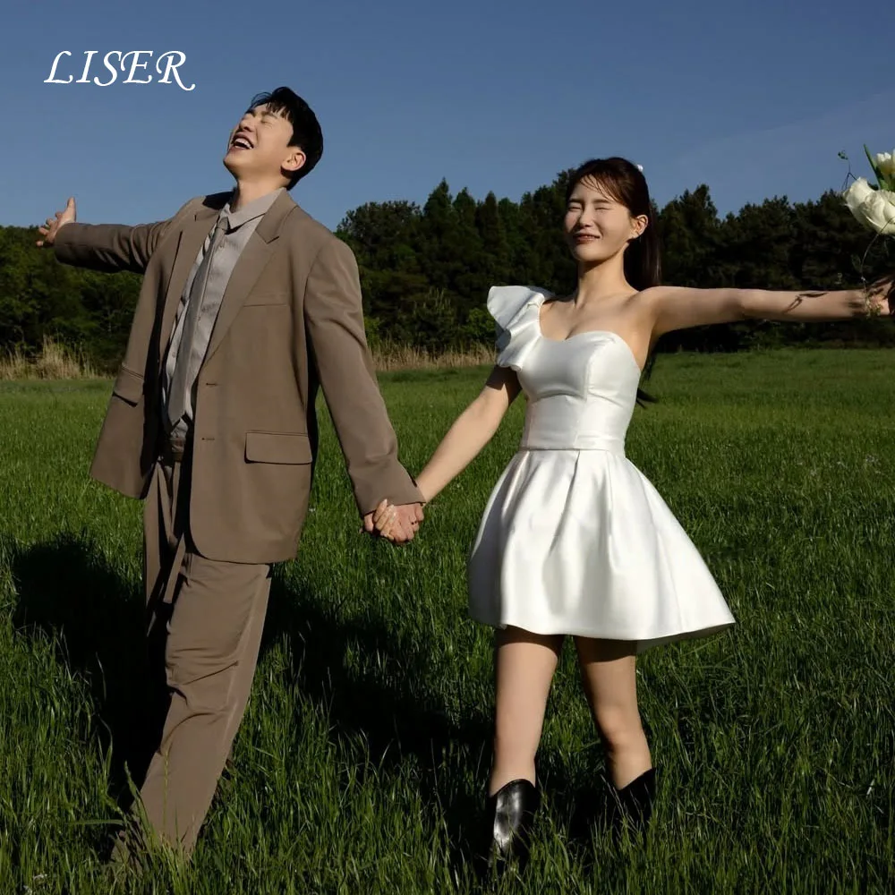 

Индивидуальное короткое свадебное платье Liser на одно плечо с оборками, в корейском стиле, с атласным корсетом на спине, для невесты и подружек невесты, для торжеств и приемов