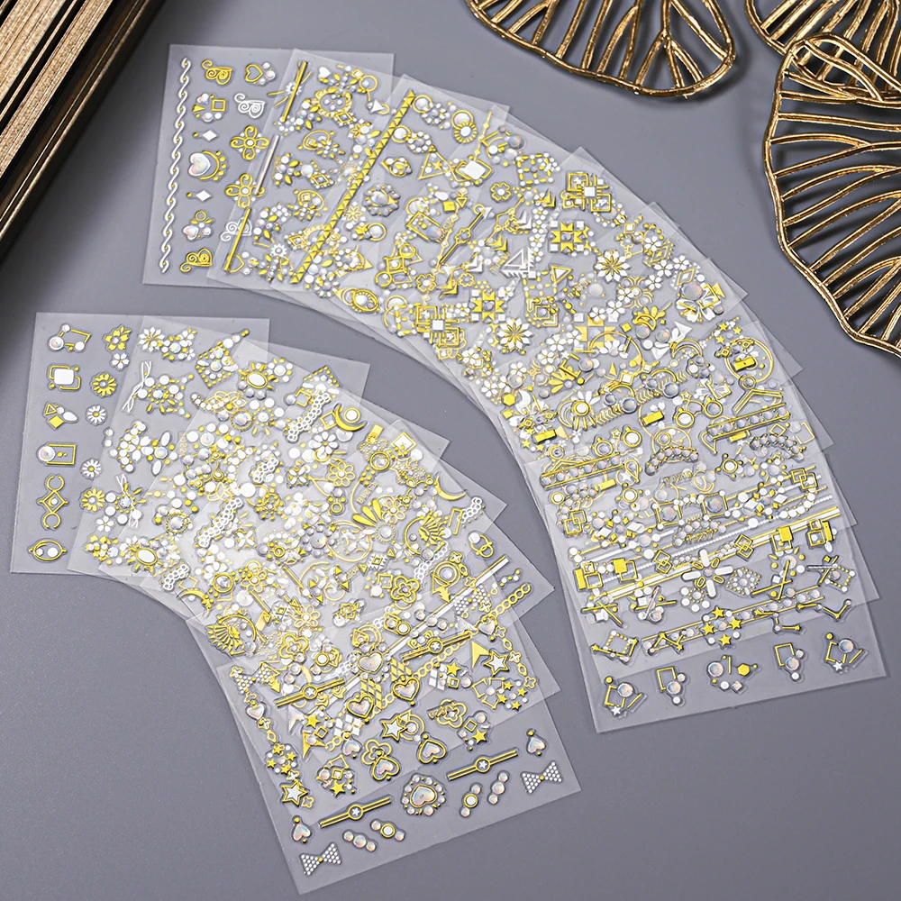 10/12/16/30pcs Gold Bronzing 3D Rhinestone Nail Sticker Geometric Line Jewelry Sticker Nail Decal Self Adhesive Nail Decoration