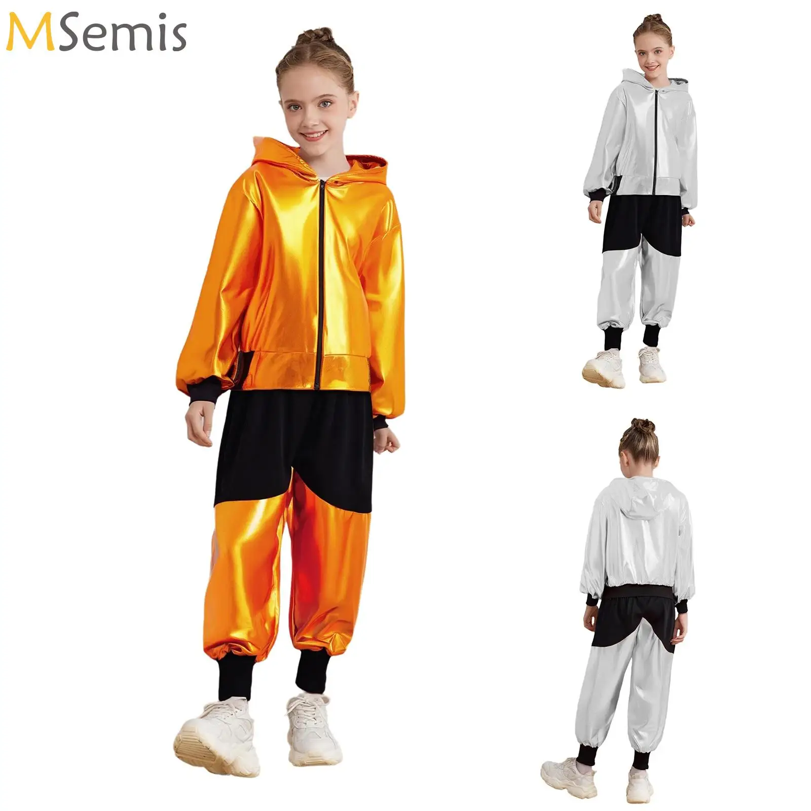 

Kids Boys Girls Hip-Hop Dance Costumes Fashion Streetwear Metallic Long Sleeve Hooded Jacket Coat Outwear+Pants Sets Outfits