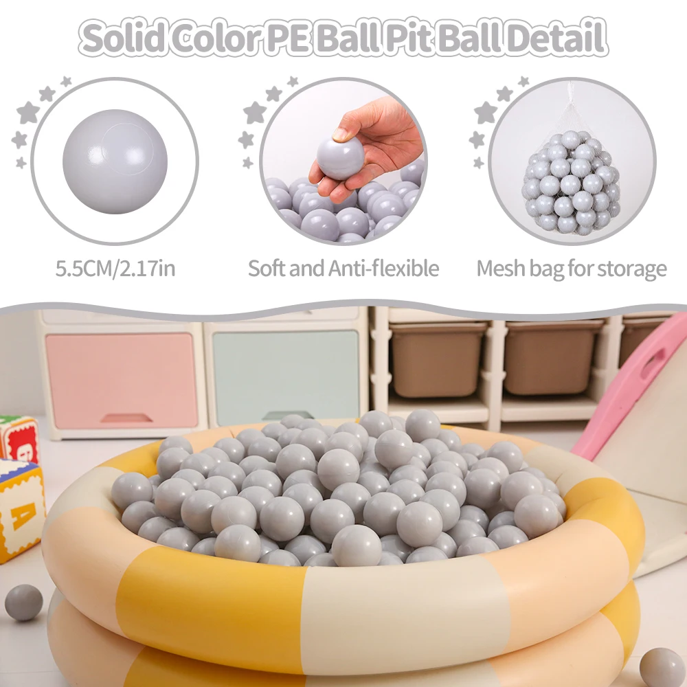 100pcs 2.16 Inches Thicken Soft Plastic Crush Proof Ball Pit Balls for Kids Light Gray White and Transparent